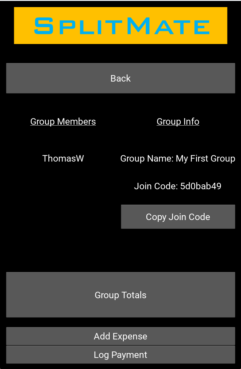 Screenshot of the SplitMate mobile app